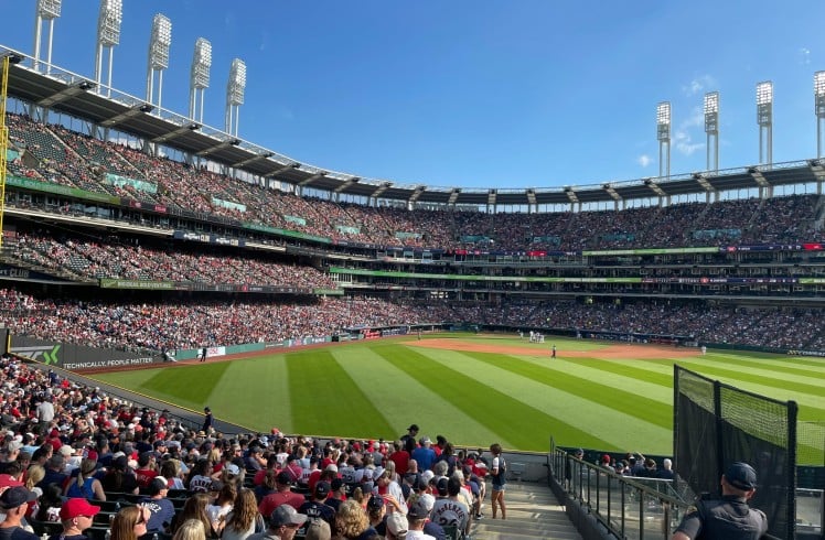 Baseball stadium view from spectator seating.