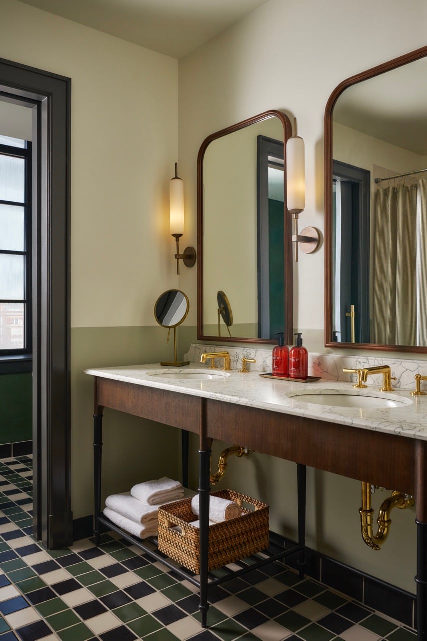 Dual marble vanity with brass faucets offers sinks and storage, flanked by tall mirrors and sconces in a two-tone green/cream bathroom with a checkered floor.
Text: FIELD SOCIETY