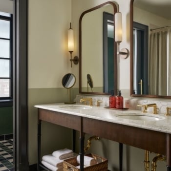 A double vanity features two sinks, brass faucets, and mirrors in a bathroom. Walls are two-toned, with green, black, and white checkered floor tiles.