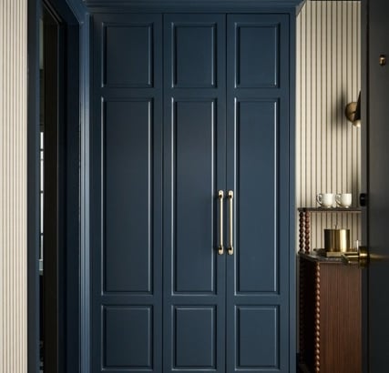 Dark blue built-in wardrobe with brass handles in an entryway. It features striped walls, a dark blue ceiling, and plaid carpet. A wooden table with cups is to the right.