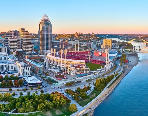Aerial view of city river skyline.