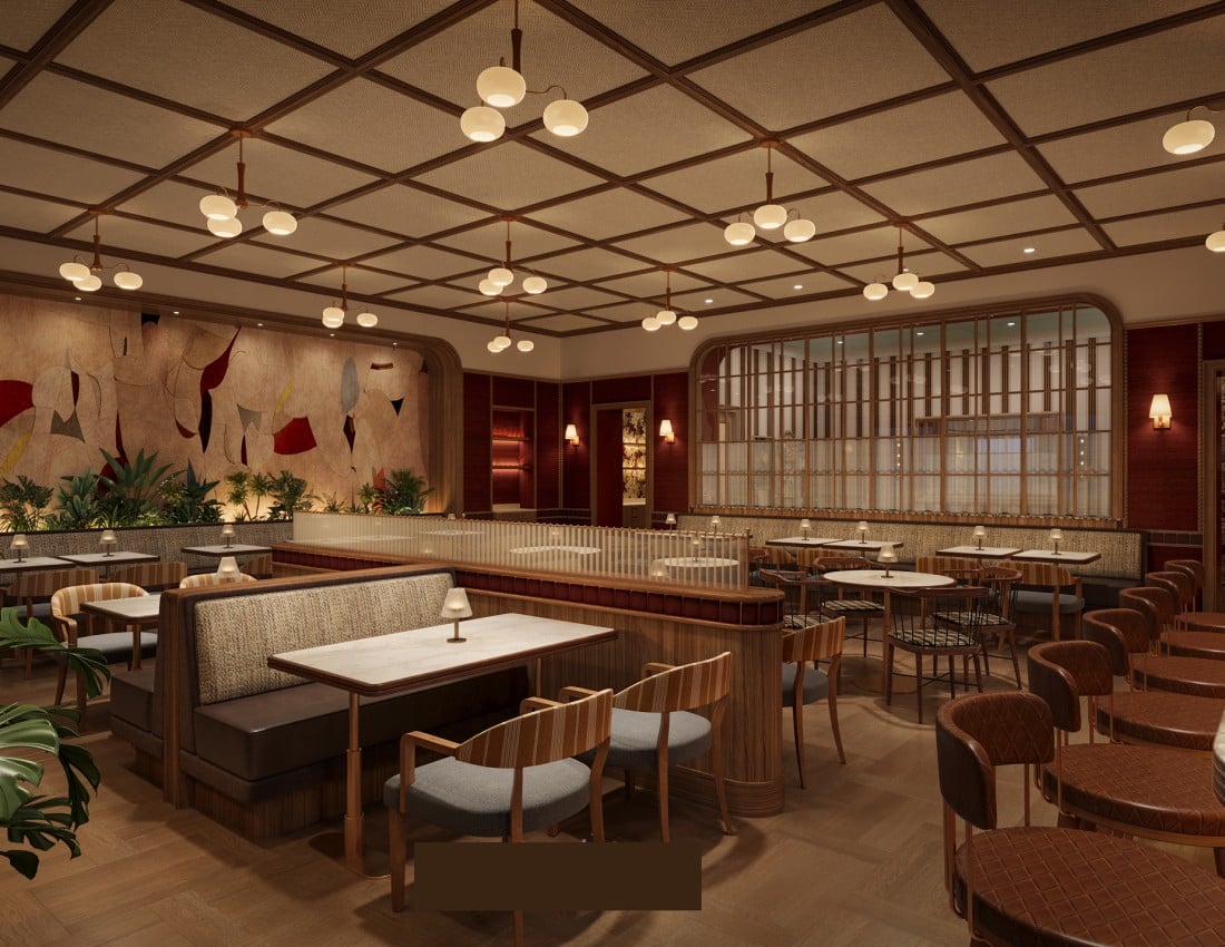 A stylish, empty restaurant interior offers banquette seating, dining tables with chairs, and a marble bar with stools. Ambient lighting illuminates an abstract wall mural and lush plants.