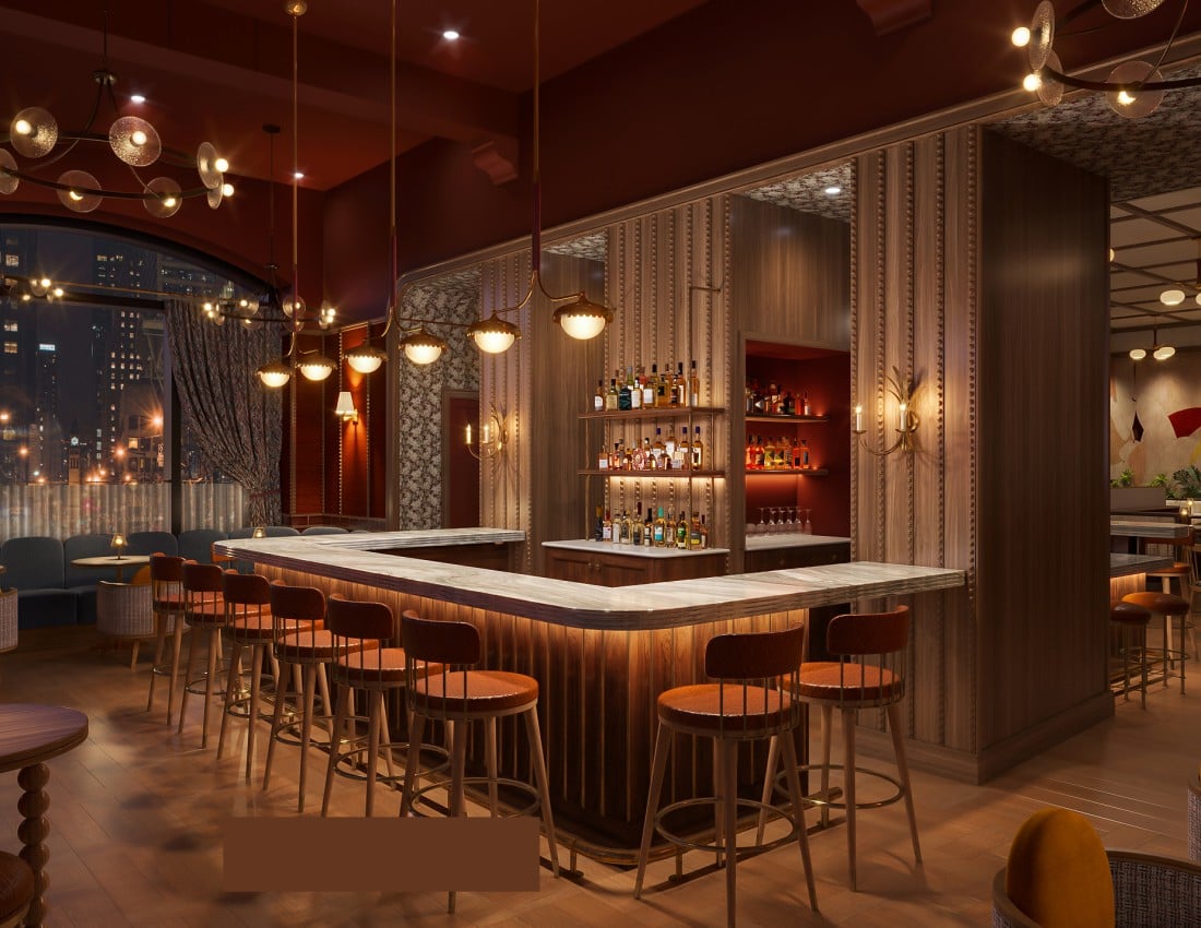 A U-shaped wooden bar with stools, illuminated from below, invites patrons in an elegant, dimly lit lounge. Large windows reveal a city night panorama.