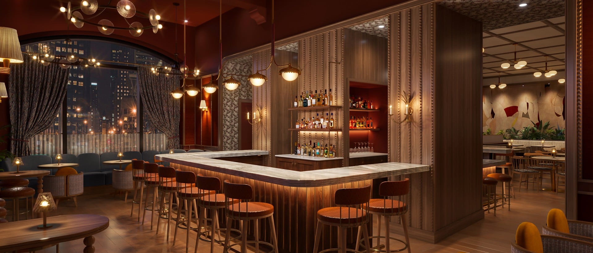 A U-shaped wooden bar with stools, illuminated from below, invites patrons in an elegant, dimly lit lounge. Large windows reveal a city night panorama.