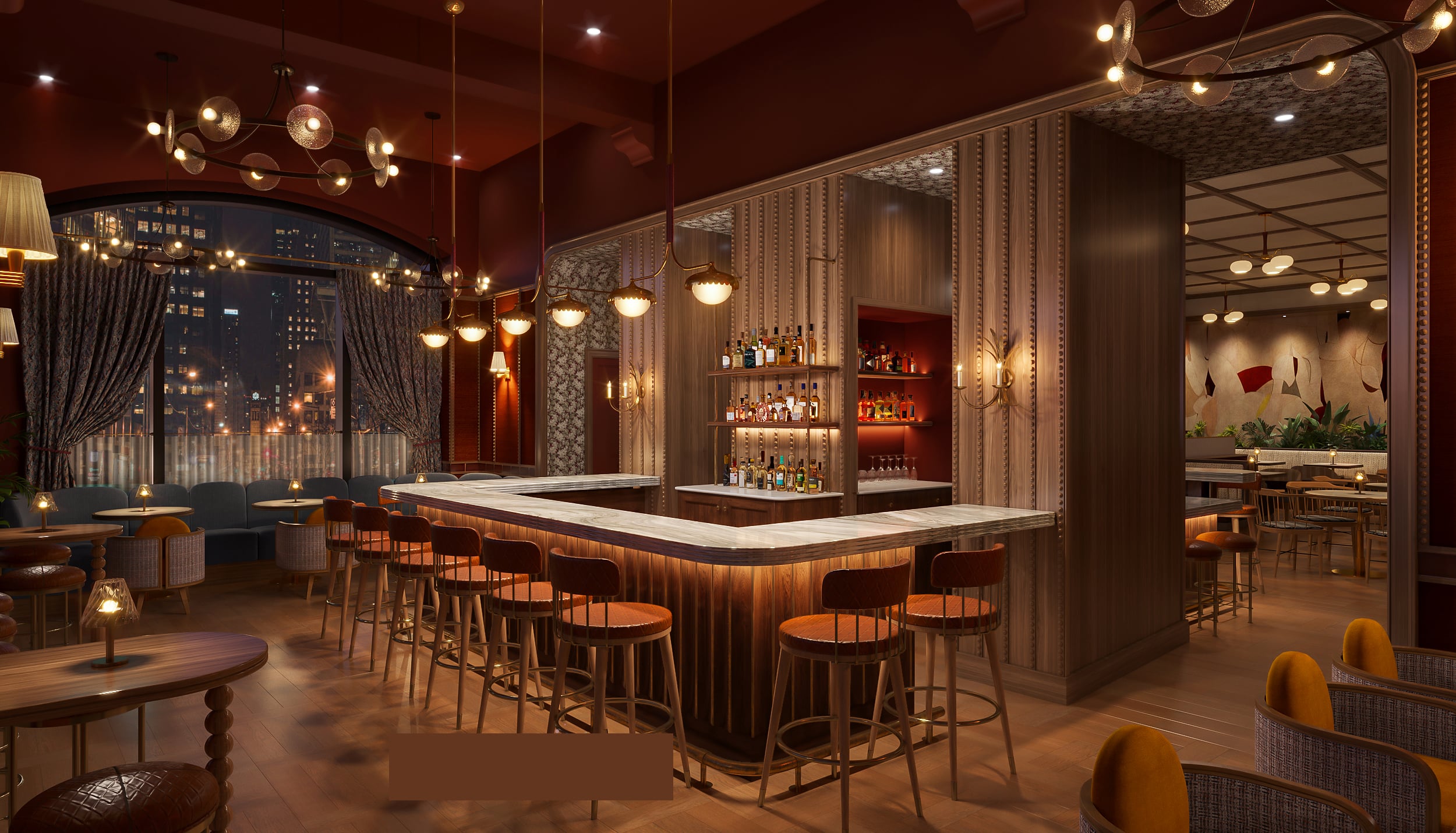 A U-shaped wooden bar with stools, illuminated from below, invites patrons in an elegant, dimly lit lounge. Large windows reveal a city night panorama.