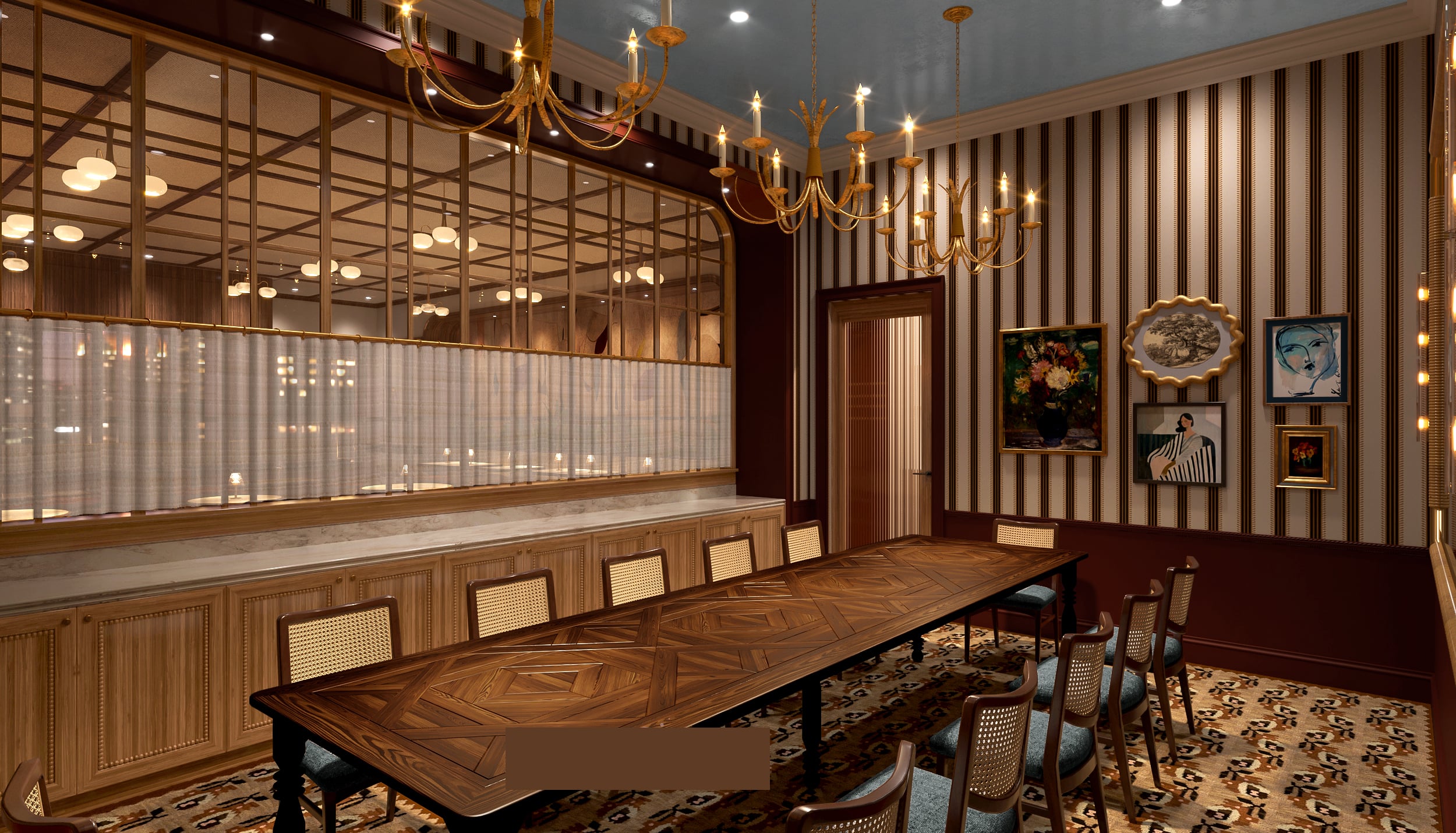 A long, ornate wooden dining table with chairs fills a luxurious room featuring striped walls, multiple artworks, golden chandeliers, and a glass-paneled partition.