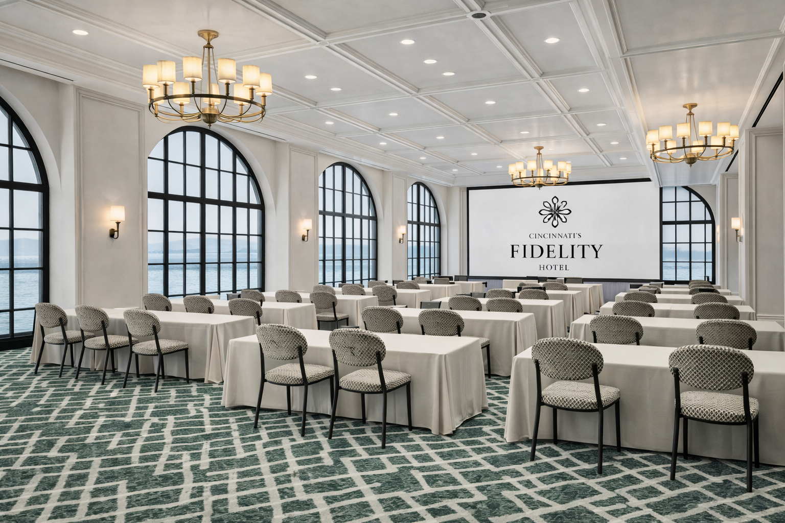 A large conference room displays rows of tables and patterned chairs facing a screen with:
CINCINNATI'S
FIDELITY
HOTEL
Arched windows overlook water, with chandeliers illuminating the space.