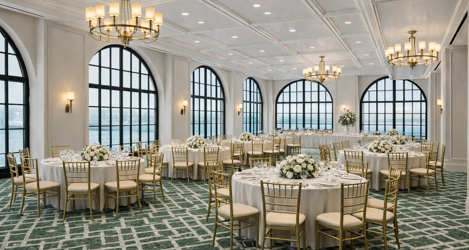 A ballroom features round tables set with white tablecloths and floral centerpieces, surrounded by gold chairs, under chandeliers and next to arched windows overlooking water.