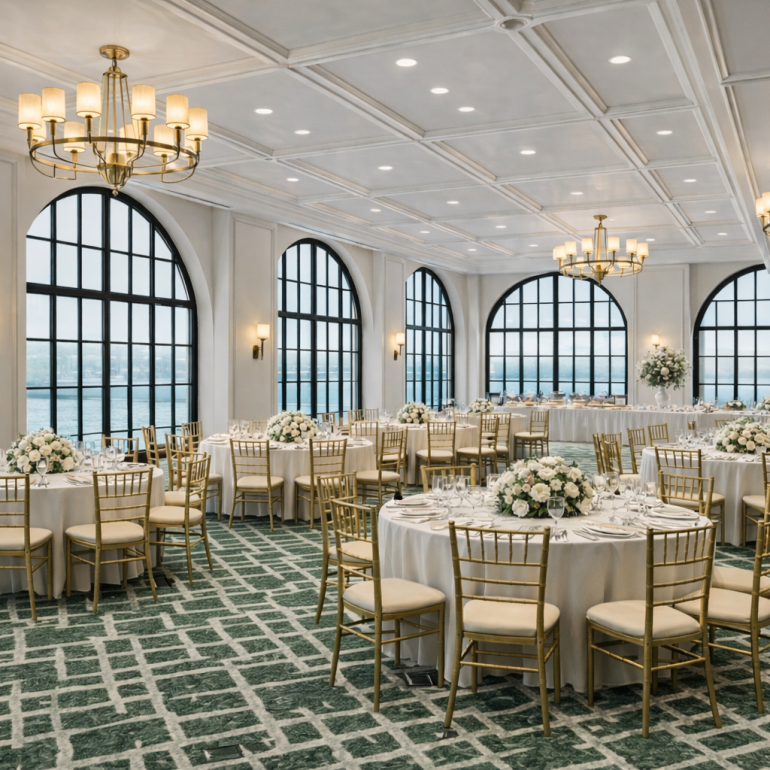 A ballroom features round tables set with white tablecloths and floral centerpieces, surrounded by gold chairs, under chandeliers and next to arched windows overlooking water.