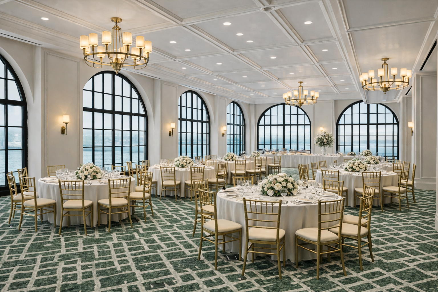 A ballroom features round tables set with white tablecloths and floral centerpieces, surrounded by gold chairs, under chandeliers and next to arched windows overlooking water.