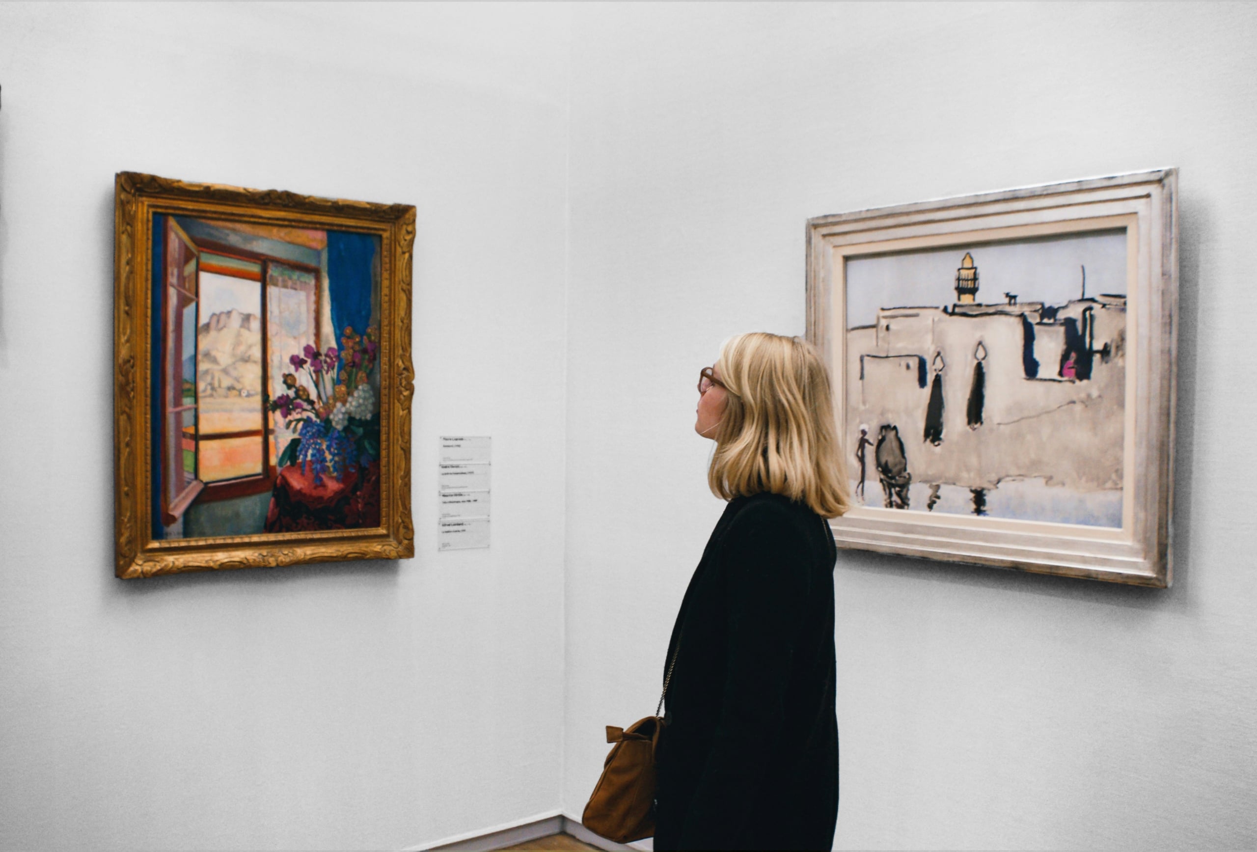 Blonde woman in glasses observes a framed abstract artwork on a white gallery wall. Another landscape painting and a text plaque are on an adjacent wall.
