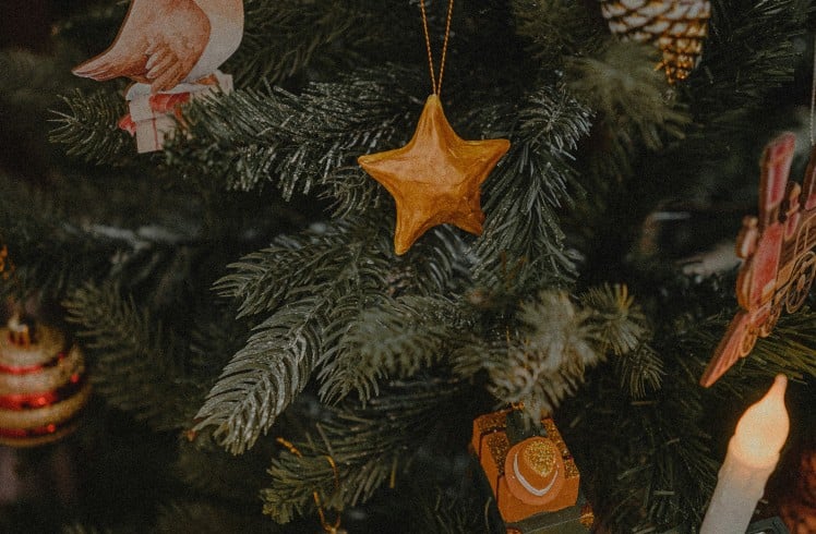 A Christmas tree displays various ornaments: a bird in a hat, a golden star, pinecones, and a tank. Warm candle lights glow amidst the dark green branches.