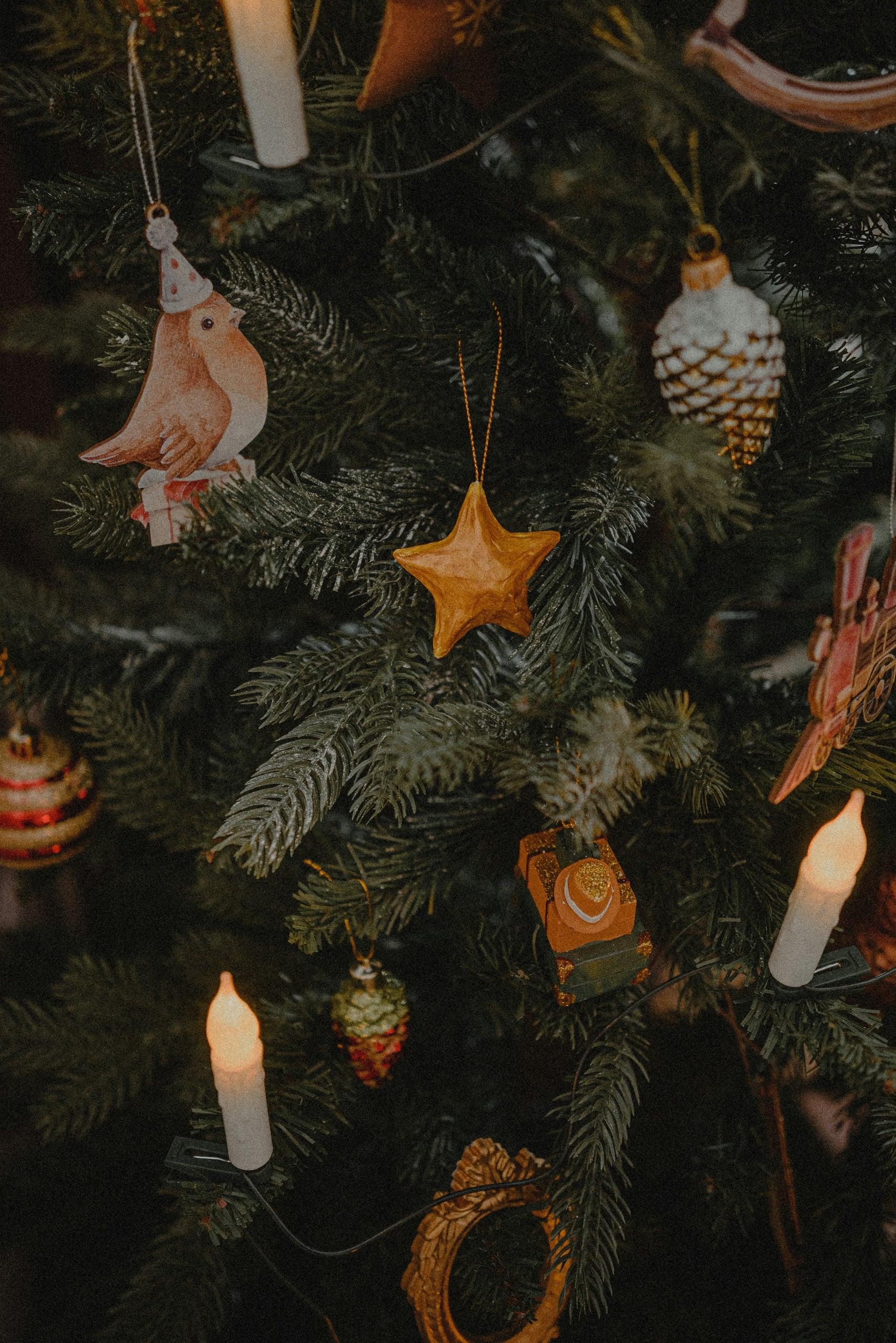 A Christmas tree displays various ornaments: a bird in a hat, a golden star, pinecones, and a tank. Warm candle lights glow amidst the dark green branches.
