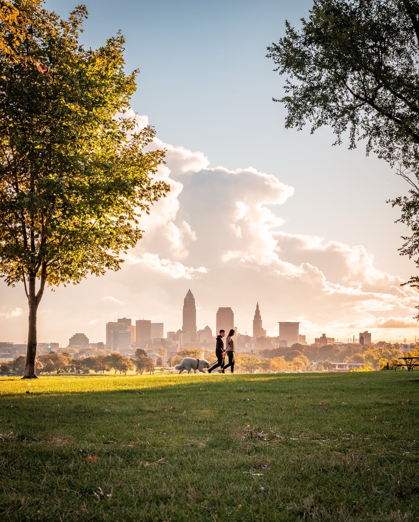 A joyful couple walking their dog in Cleveland, surrounded by beautiful scenery