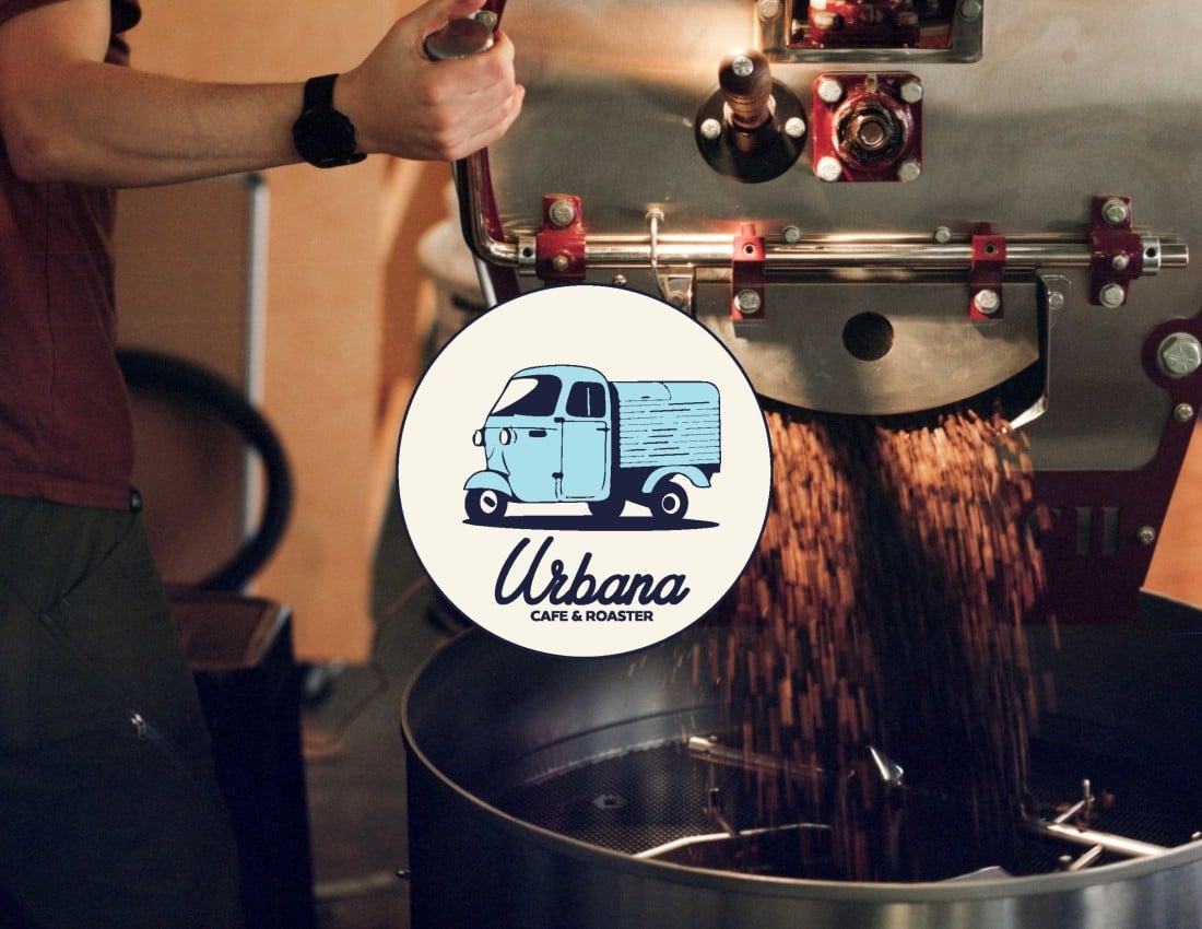 Urbana Coffee Roaster logo with person in background roasting coffee beans